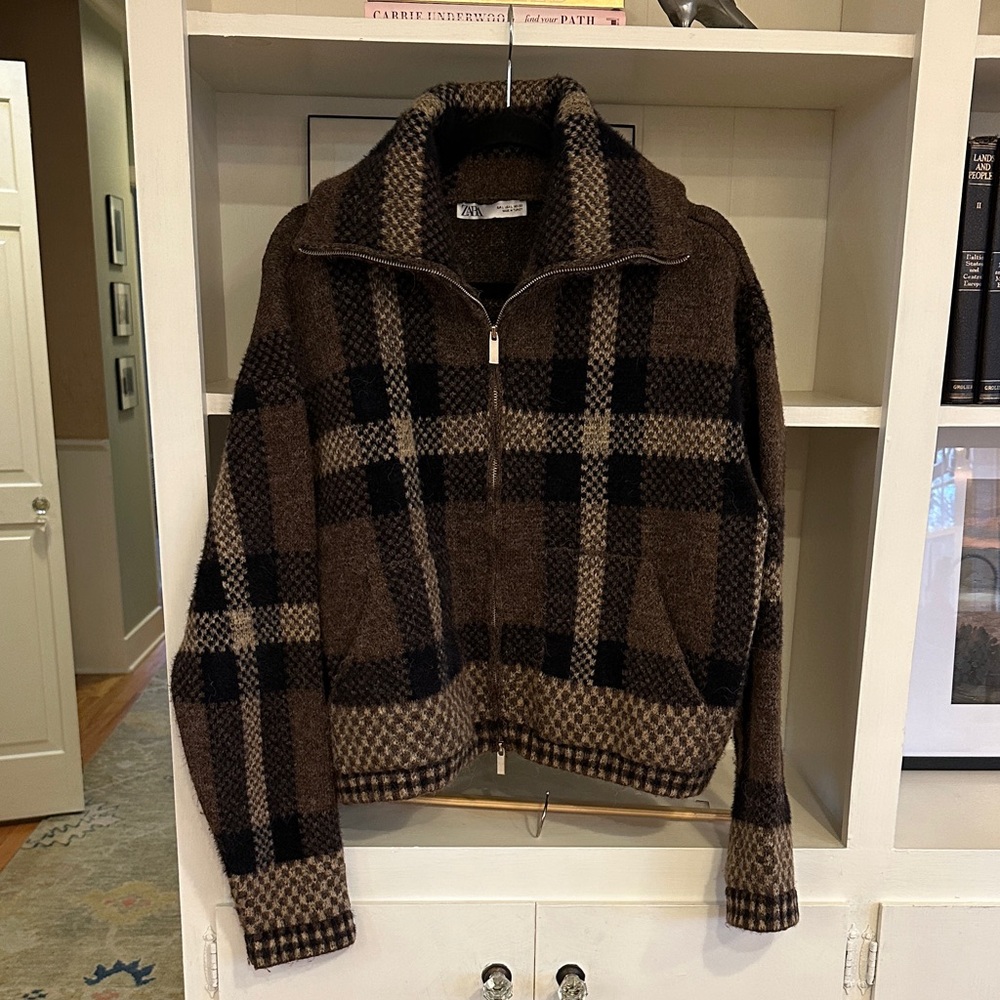 Zara Brown Plaid Zip-Up Jacket